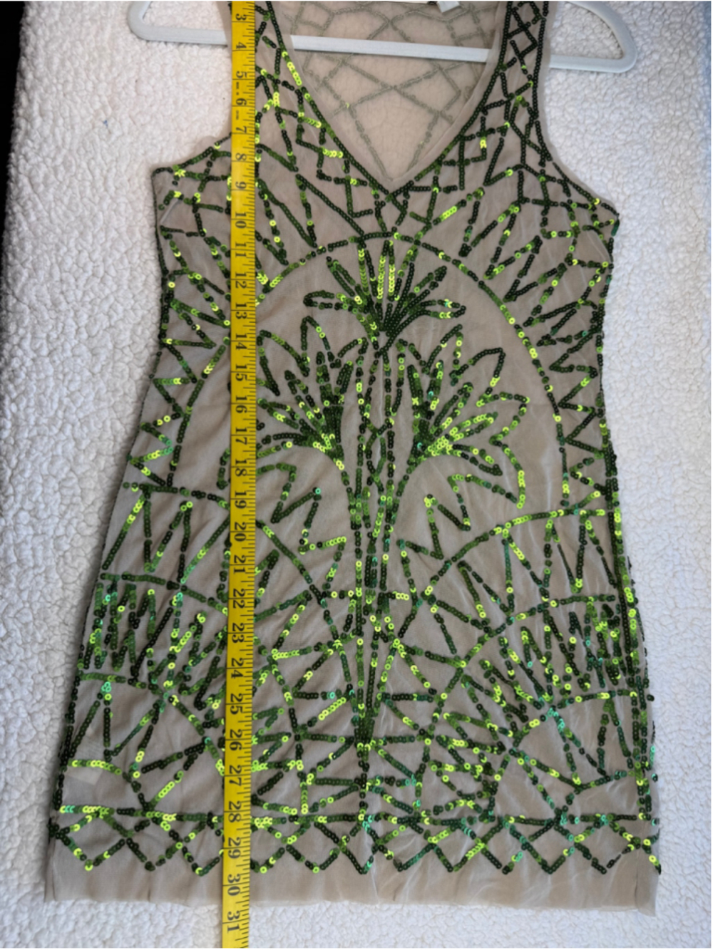 Chelsea & Violet Green Sequin Sheer Mesh Mini Dress Tan Art Deco Festival Small - Picture 4 of 7